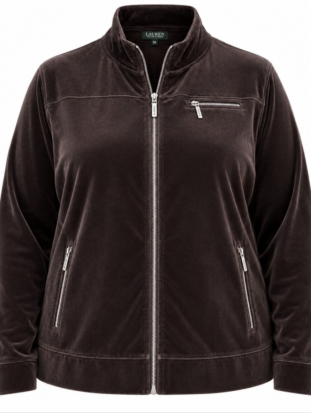 LAUREN RALPH LAUREN | Cozy Dark Brown Velour Full Zip Track Jacket Pockets | 3X
